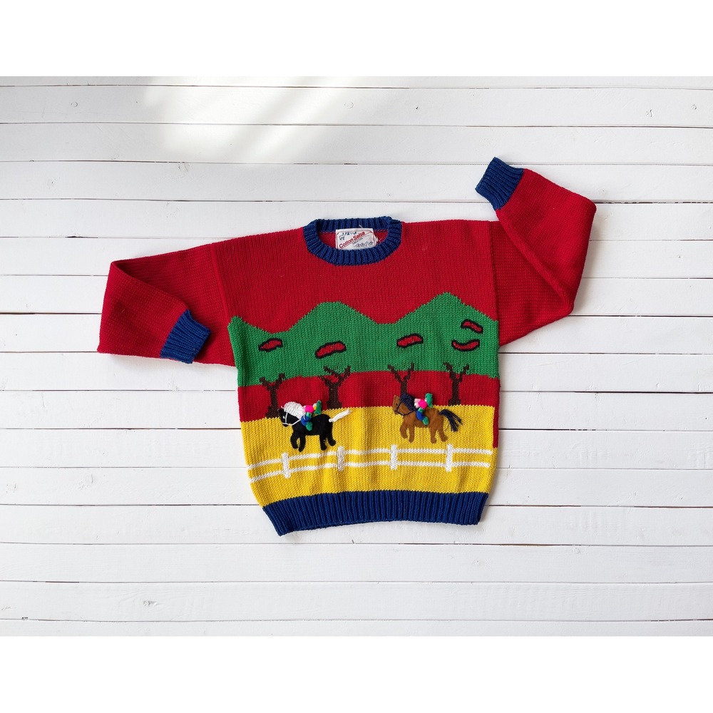 Cotton Salsa vtg‎ red yellow horse farm horseback riding embroidered sweater